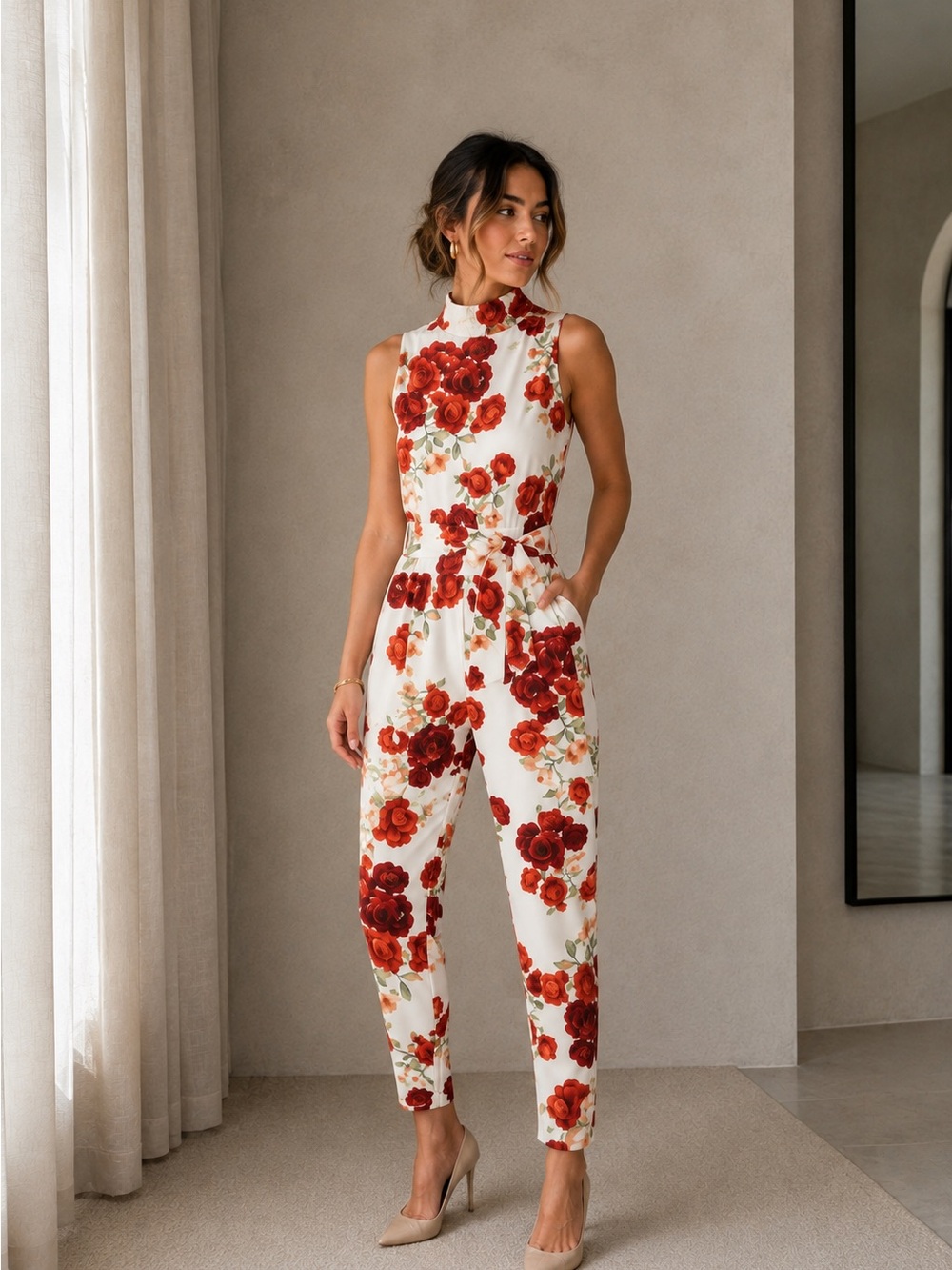 Cameo Sleeveless High-Neck Floral Jumpsuit in Cream and Red